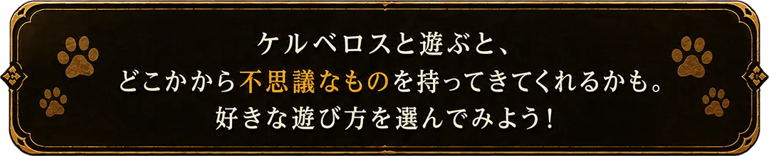 ケルベロスと遊ぶと、どこかから不思議なものを持ってきてくれるかも。好きな遊び方を選んでみよう！